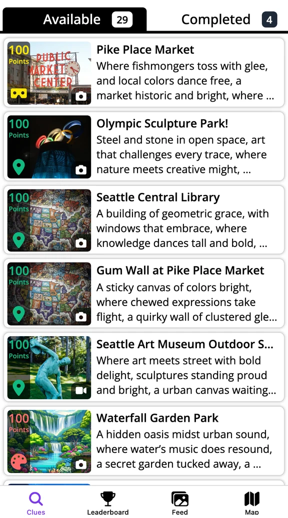 Player app clue list showing 29 available challenges, each with a point value, a photo, and an AI-written clue